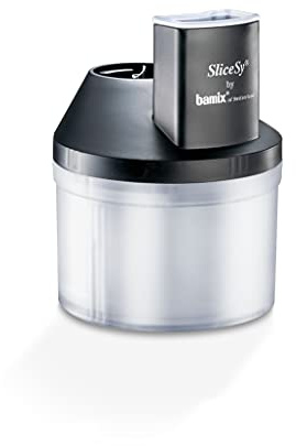 bamix Zubehör SliceSy für alle bamix Stabmixer ab 180 Watt, inkl. 5 Scheiben, Küchenmaschine multifunktional zum Schneiden, Mahlen, Hacken, Schwarz