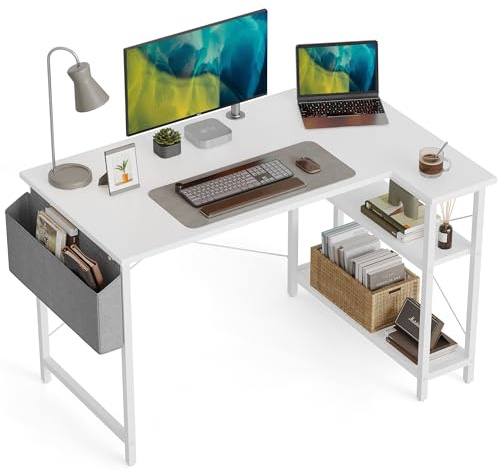 CubiCubi L Shaped Gaming Desk, 100x70 cm Computer Desk with Storage Bag, Office Desk Writing Table with Large Reversible Storage Shelves, Workstation for Study, Play, Work, Home Office, White