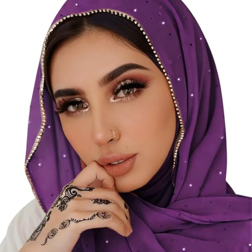 ANKOMINA Dam mjuk chiffong strass lång halsduk sjal mode muslimsk hijab huvudsjal halsdukar, Lila, One Size