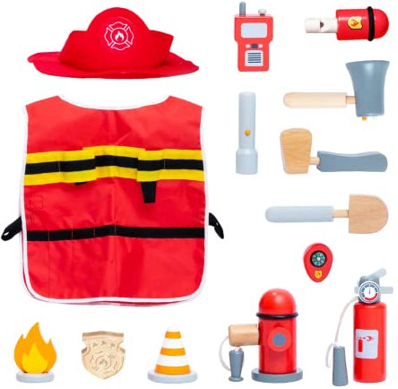 UMU® Set da gioco per bambini in legno con pompiere, con cappuccio, estintore del fuoco, apparecchi radio, pipa e molto altro ancora, set di giocattoli per gioco di ruolo, 4, 5 anni