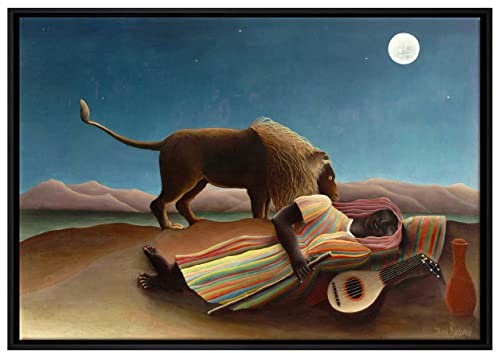 Pixxprint Henri Rousseau - Schlafende Zigeunerin Leinwandbild 80x60 cm im Bilderahmen, Wandbild, Schattenfugenrahmen, Kein Poster