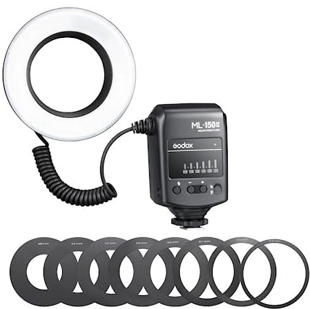 Godox ML-150II ML150 II Macro LED Ring Flash Speedlite Fast Recycle Time Universal Camera for Video Production On-Camera Macro flash Photographic Ring Light Macro Photography Photo Lighting 5600K