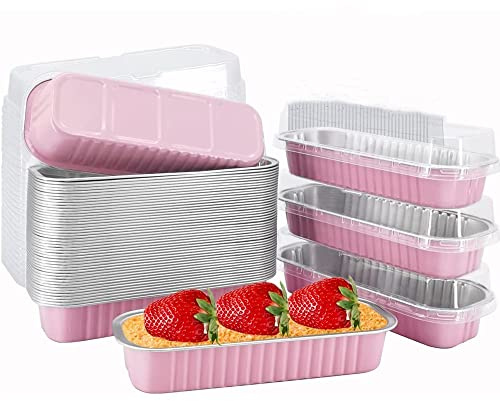 OUKEYI 50 Pack Disposable Baking Tins Foil Pans with Lids, 6.8 oz 6.5x2.5x1.2 Aluminum Baking Pans with Lids Mini Cake Pans,Rectangle Muffin Tins Mini Brownie Loaf Baking Pans Containers (Pink)