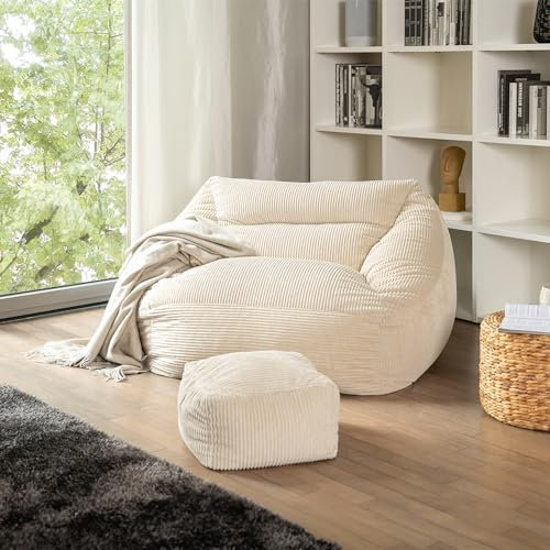Home Deluxe - Sitzsack Cozy mit Hocker - Stoff: Samt Cord, Farbe: Beige - Maße: 100 x 88 x 80 cm, inkl. Füllung I Sitzmöbel Bean Bag Sitzsäcke