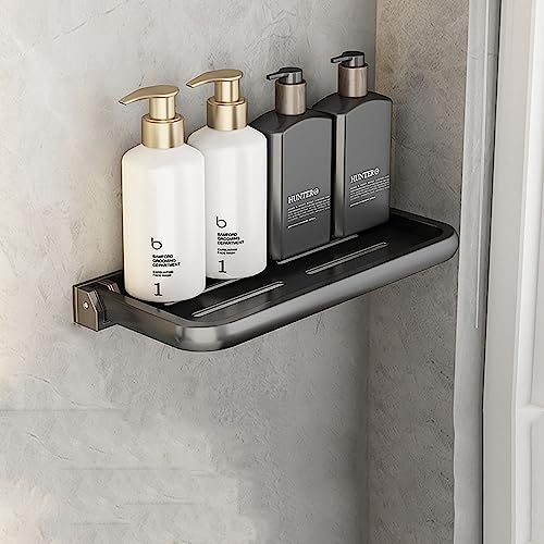 AJINGELA Faltbar An der Wand montiert Schwimmend Metall Regal, Keine Bohrungen Badezimmer Regal Platzeinsparung Rostfest Extra stark Schwimmend Regale Aufbewahrungsregal(Schwarz 30CM)