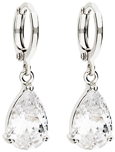 LÖB Damen Creolen Ohrringe Hängend Ohrhänger mit Tropfen-Anhänger Tropfenform Zirkonia Strass Stein Silber Weiß Vergoldet Brautschmuck
