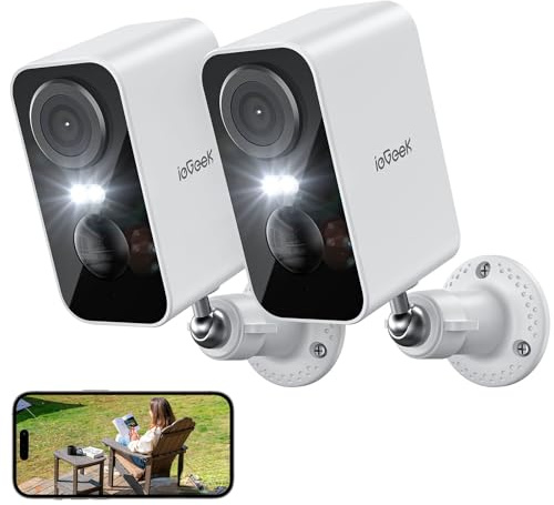 ieGeek 2K Telecamera Wi-Fi Esterno/Interno Senza Fili, Videocamera Sorveglianza WiFi Batteria, Rilevamento Movimento PIR, Sirena, Visione Notturna a Colori, 2 Vie Audio, Locale/Cloud, 2 pz