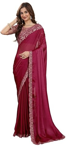 TRENDMALLS Sari bordado de seda con borde pesado para mujer con blusa de diseñador sin costuras para mujer, Púrpura, Talla única