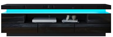 BESTWANTED LED-TV-Schrank 160cm Moderner Hochglanz-TV-Schrank mit 3 Schubladen, Sideboard für Schlafzimmer, Wohnzimmer, Wohnmöbel (Schwarz)