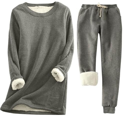 HICItro Ensemble de pyjama chaud pour femme avec doublure en polaire, manches longues, col rond, pull épais, taille haute, vêtement de détente, 03_Gris foncé, M