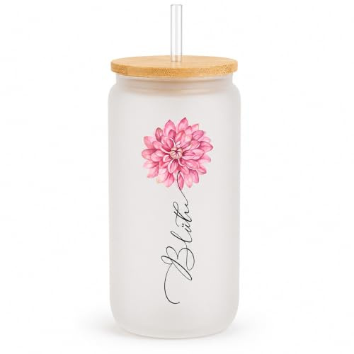Drawelry Personalisiert Name Wasser Gläser mit Geburt Blume Gedruckt Bambus Deckel und Stroh Trinkgläser 500ml Long Kaffee Milch Getränke Cocktail Bier Tee Glas Tasse für Familie Party Bar (H)