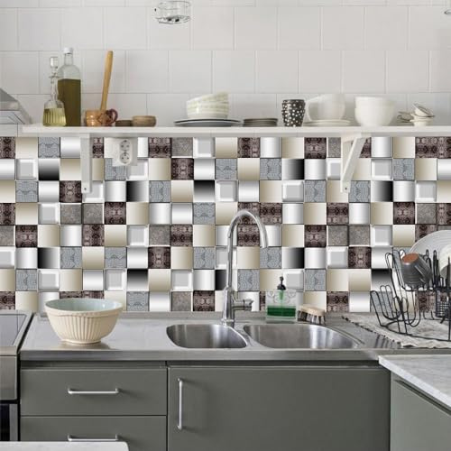 Fliesenaufkleber Mosaik Silber Grau Klebefliesen Wasserfest Fliesenaufkleber Bad Vinyl Küchenrückwand Selbstklebend Fliesenaufkleber Küche Deko Fliesenfolie 10 Stück/15x15cm