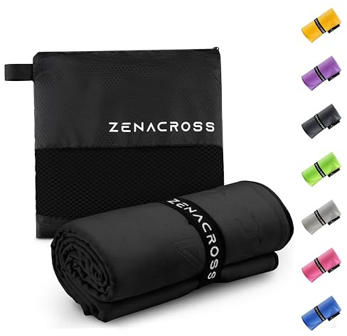 Zenacross Mikrofiberhandduk 70x140cm med Transportväska - Kompakt Sporthandduk, Snabbtorkande och Absorberande Storlek L - Nyeusi | Svart · poolhandduk · gymhandduk · pilates · dusch · resor · camping · absorberande · bärväska