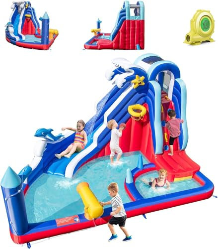 DREAMADE 6-in-1 Hüpfburg mit Wasserrutsche, Aufblasbare Hüpfburg Wasserpark mit Kletterwand, Wasserpistole, Basketballkorb, Ringwurf, Hüpfburg Outdoor für Kinder 3-10 Jahre (mit 680W Gebläse)