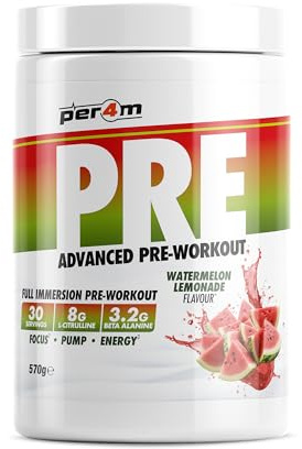 Per4m Pre Workout Powder | Intense Pump, Sustained Energy & Mental Focus | L-Citrulline, Beta Alanine & Caffeine & Added Hydration (570g, Watermelon Lemonade)