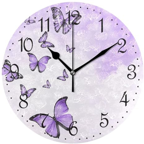 Mnsruu Lila Schmetterlinge Wanduhr Lautlos Ohne Tickgeräusche Wanduhr Dekorative Wanduhr Batteriebetrieben 25x25cm für Zuhause Wohnzimmer Küche Badezimmer Schlafzimmer