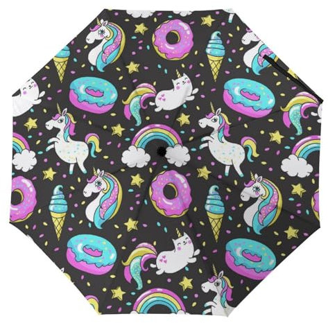 YBQLNP Kompakter Reise Regenschirm Donuts Einhörner Taschenschirm Automatisch Auf Und Zu Faltbarer Sonnenschirm
