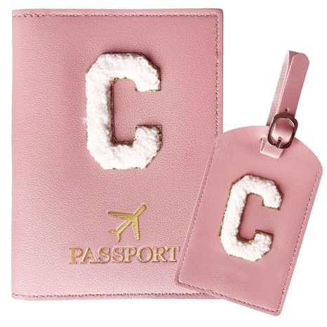 ZVRSUA Funda para pasaporte y etiqueta de equipaje, con parche de letra, de piel sintética duradera, accesorio de equipaje personalizado, regalo muy bonito para mujeres, adolescentes y niñas, Rosa-c