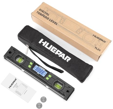Huepar Professional Digital Level 10 Inch, Digital Torpedo Level and Protractor, Spirit Bubble Electronic Inclinometer, IP54 Dust/Water Resistant, Bright LCD Display, V-Groove Magnetic Base