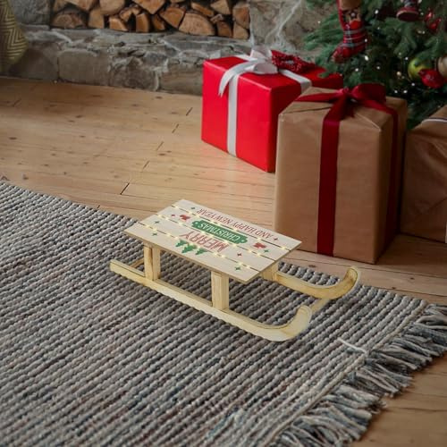 ECD Germany Slitta Decorativa in Legno a LED Bianco Caldo 42 x 16 cm Marrone a Batteria e Timer Decorazione Natalizia per Finestre Decorativa Illuminata
