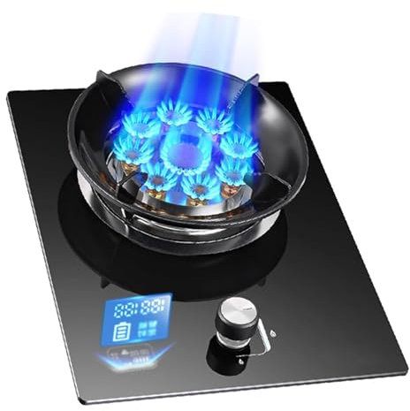 Gaziniere Gaz - Cuisinière À Gaz 1 Brûleur, Minuterie De 5,2 Kw À Neuf Cavités De Haut-feu, Poêle De Conversion Gaz/LP, Verre Trempé En Fonte Pot Rack, Avec Protection Anti-incendie(LPG)