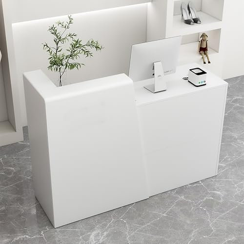 Moderner weißer Empfangstresen mit Schubladen und Tastaturablage, für Salon, Einzelhandel und Büro, multifunktional, 120 cm, linke Seite