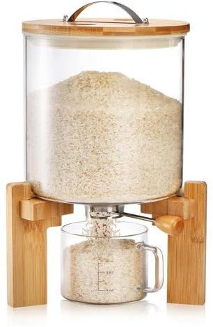 Aocay Distributeur de Riz Verre, 5L/8L Distributeur de Céréales avec Tasse à Mesurer, Récipient Stockage Riz avec Couvercle Scellée, Grande Capacité - Gain de Place (5L)