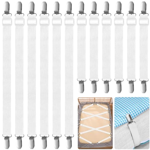 XTUDOU® 12 Stück Bettlakenspanner, (30cm -130cm) Elastische Bettlakenspanner, Weiße Verstellbare Spannbettlaken Spanner mit Metallclips, für Bettlaken, Matratze, Bügelbrett oder Sofa
