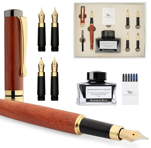 Wordsworth & Black Fountain Pen Gift Set, Include bottiglia d'inchiostro, 6 cartucce d'inchiostro, convertitore di ricarica, 4 pennini di ricambio, bambù di lusso, calligrafia, penne [Legno di rosa]