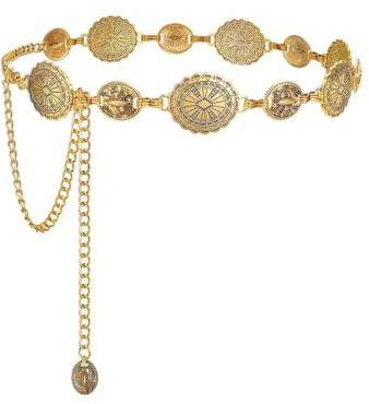 CATOR Ceinture en Métal Occidental,Ajouré Sculpté Chaîne Ceintures,Chaîne de Taille en Métal Réglable Ceinture Tendance,Chaîne de Taille Bohème,pour Robe, Jeans, Cowgirl(Doré)