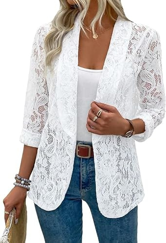 Womens Lace Blazer Open Front Sheer Mesh 3/4 Sleeve Casual Blazer Jacket | Lace Fabric, Sheer Mesh, Open Front, 3/4 Sleeve, Casual Blazer, Elegant Work Office Jacket,Lightweight Outerwear