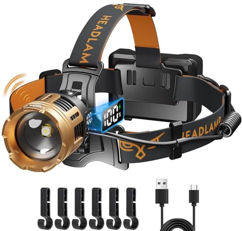 LEKIA Torcia Frontale Potente Professionale, Ricaricabile LED Torcia da Testa con Sensore di Movimento, 7 Modalità Zoombar Lampada Frontale da Campeggio, 9000mAh Impermeabile IP67 per Pesca Trekking