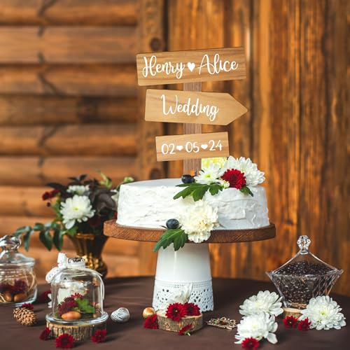 Party to Be Personalized Rustic Wedding Cake Topper in Wood Custom Bride & Groom Names Initials Wedding Date Cake Decoration (Oak)
