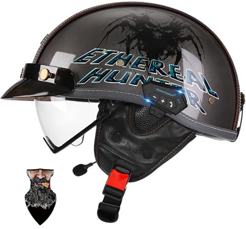 HALYING Bluetooth Casque Jet Moto Demi Homologué ECE 22.06 - Léger 750g avec Ventilation Supérieure, Lunettes Intégrées et Design Vintage pour Hommes et Femmes Adultes