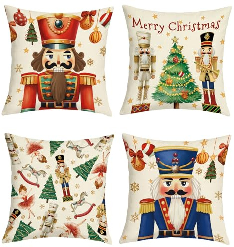 Joymaison 45x45 Pack of 4 Xmas Tree Nutcracker Throw Pillow Cushion Covers