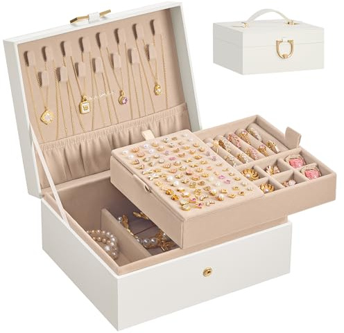 SONGMICS Boîte à Bijoux, 2 Niveaux, Coffret à Bijoux, Plateau Amovible, Poignée de Transport, pour Colliers, Boucles d’Oreilles, Bagues, 17 x 20,5 x 9,5 cm, Idée Cadeau, Blanc Crème JBC208WD01