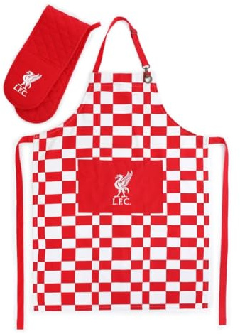 Liverpool FC Kitchen Set, Red and White Checkered Apron with Oven Glove, Official LFC Merchandise