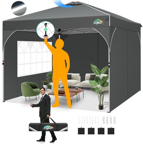 COBIZI Faltpavillon 3x3 Wasserdicht Stabil, EIN-Tasten-Zentralverriegelung, Partyzelt mit Entlüftung, Fluoreszierenden Streifen, 3 Seitenteilen, Höhenverstellbar Gartenzelt, Grau