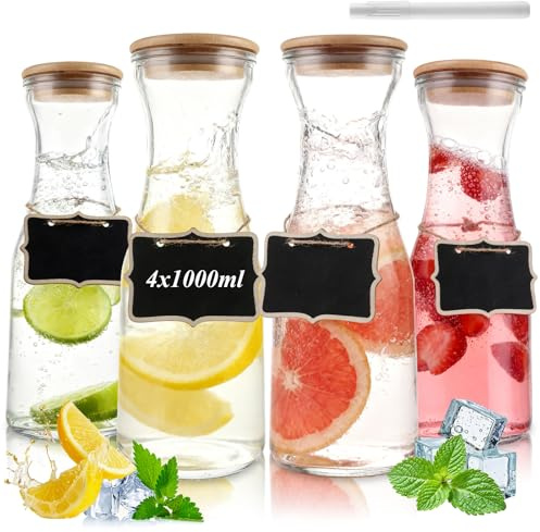 LDXDRU 4er 1 Liter Glaskaraffe mit Deckel, Wasserkaraffe mit Deckel, dickere und stärkere Wasserkrug Glas,Glaskrug für Getränke, Glasflasche, Wasserkaraffe, Karaffe set inkl. 4 Tafeletiketten aus Holz