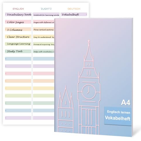 1 libro de vocabulario DIN A4, 3 columnas, cuaderno de vocabulario en inglés, A4, líneas 54, con línea de división, 16 hojas, cuaderno A4, líneas 54/3, para palabras educativas, estudiantes