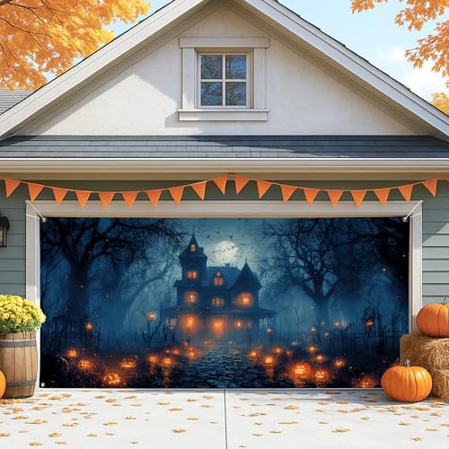 Spooky Haunted House - Cubierta para puerta de cochera, decoración grande de Halloween, perfecta para decoración de fiesta de otoño al aire libre e interior, 157 x 71 pulgadas