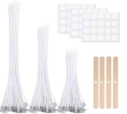wutdgeg 60-teilig dochte für Kerzen | kerzendocht | Kerzen selber Machen Set | komplett mit 4 Docht-Haltern und 60 Klebepunkten (10/15/20 cm)