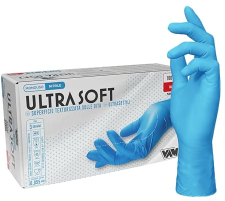gef + medica 100 Guanti Blu in Nitrile ULTRASOFT, Guanti Monouso Professionali, Senza Lattice e Polvere, Uso Medico, Alimentare, Industriale, Microruvidi, Resistenti e Confortevoli, Cartone Taglia XL