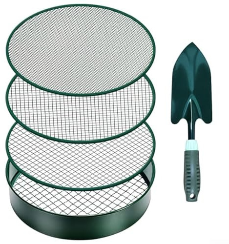 Filteilect Stainless Steel Garden Sieve with 4 Mesh Sizes (3mm/6mm/9mm/12mm) and Shovel - Horticultural Screen for Soil, Compost, Debris Sifting, Rock Screening, Cat(Screen Frame)