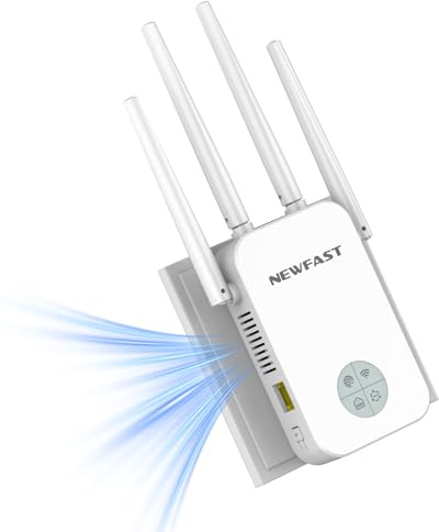 NEWFAST WLAN Repeater,1200Mbit/s WLAN Verstärker Dualband WiFi Extender mit 4 Schwenkbare Antenne,Ethernet Port,MU-MIMO,Unterstützung Repeater/Router/Ap Modus für Zuhause und Büro,EU Plug,Weiß