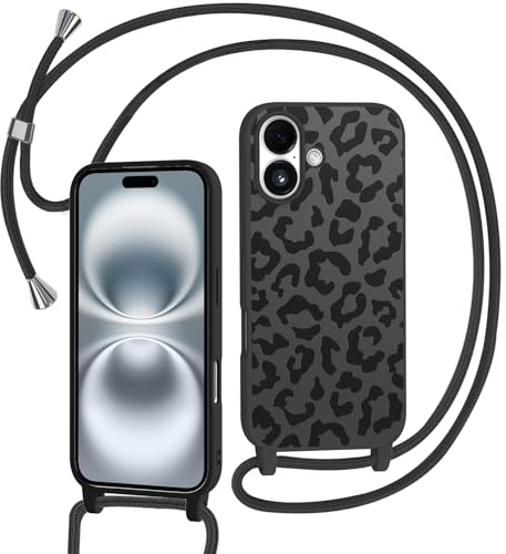 Tikgue Handyband für iPhone 16 Hülle mit Band, Aesthetic Leopard Handyhülle mit Kordel zum Umhängen Weich TPU Liquid Silikon Case Kratzfest Stoßfest Schutzhülle - Schwarz