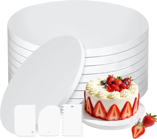 Tårttallriksset, 8 stycken kakbräda, 30 cm (12 tum) vit med 3 delar degskrapa-set, rund tårtunderlägg i kartong, tårtbottnar för tårtor, dessert, kakbräda för transport dekoration och present
