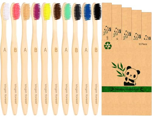 10 Pcs Bamboo Toothbrush with Coloured Soft Bristles Eco Friendly Biodegradable Organic Natural Wood Toothbrush for Sensitive Gums