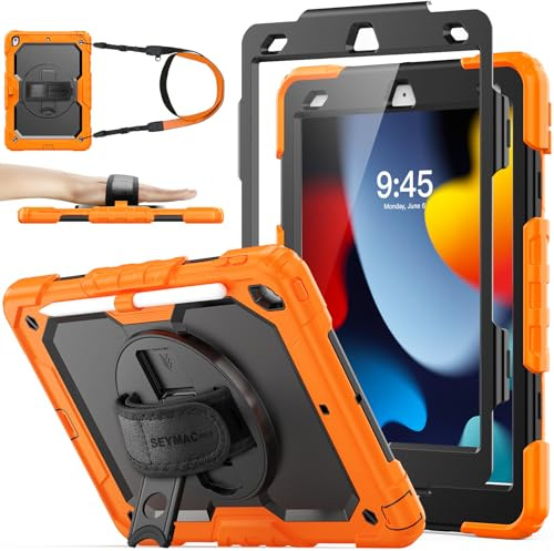 SEYMAC stock Case for iPad 9th/8th/7th Generation 10.2 Inch, Orange | Heavy Duty Shockproof, with Screen Protector, 360° Rotating/Adjustable Stand/Hand Strap, Pencil Holder & Shoulder Strap