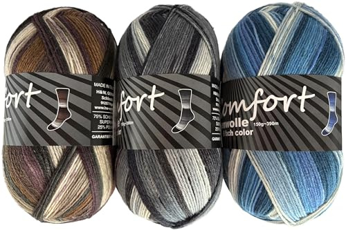 Comfort Wolle 6-fädige Sockenwolle, Strumpfwolle, Farbe Jeansfarben, 3 x 150 g Knaul, 375 m Länge, dicke Wolle für besonders warme Socken, dezentes Muster direkt aus der Knaul, Farbset Set 2